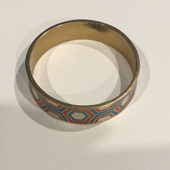 Solid bracelet with abstract design in retro colors. Gold-tone base. - Picture 4 of 4